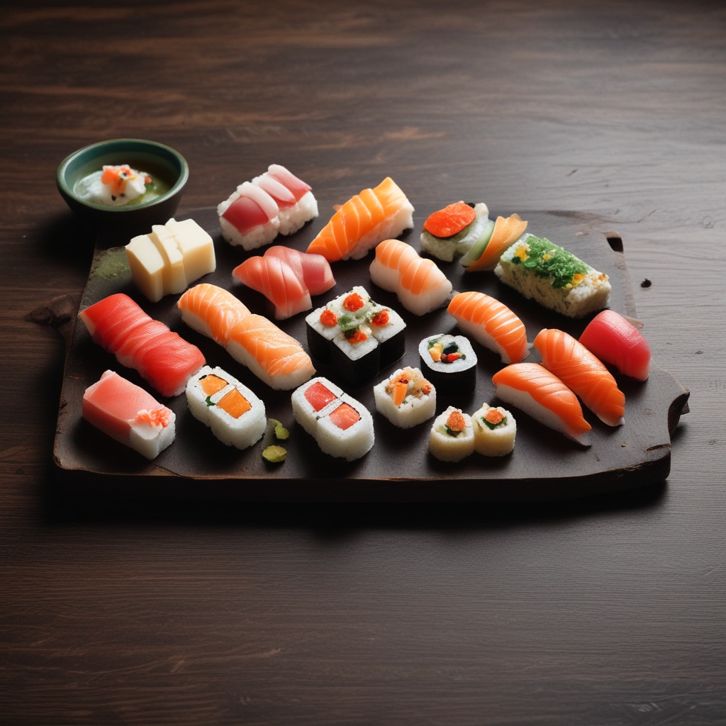 premium sushi selection on a dark wooden table